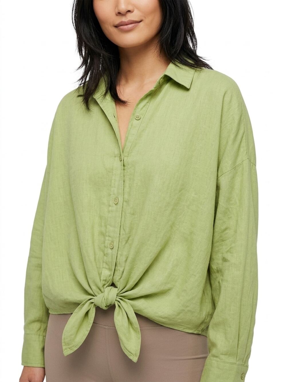 YFB Linen Blend Green Twist Front Button-Up Blouse Women Size M